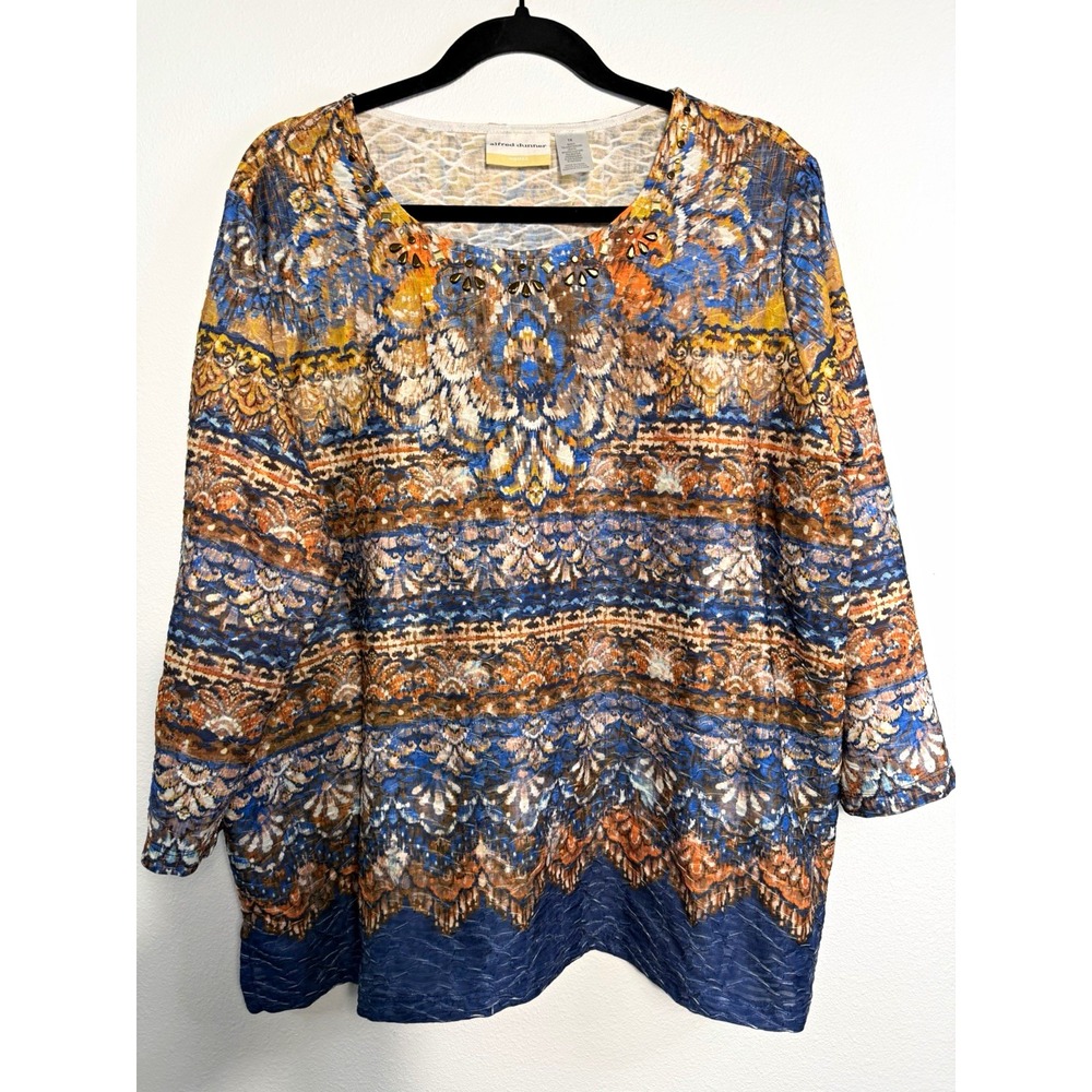 Alfred Dunner Plus Size 1X Abstract Knit Scoop Neck Top 3/4 Sleeve Studded